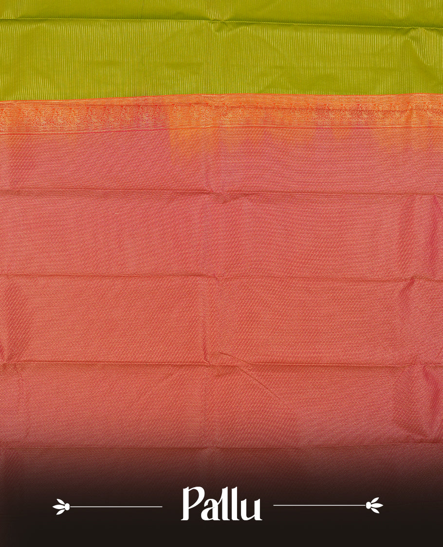 Lime green colour Semi Silk Saree with gold zari striped patterns on the body, paired with a contrasrich maroon traditional pallu and border, and a matching blouse piece.