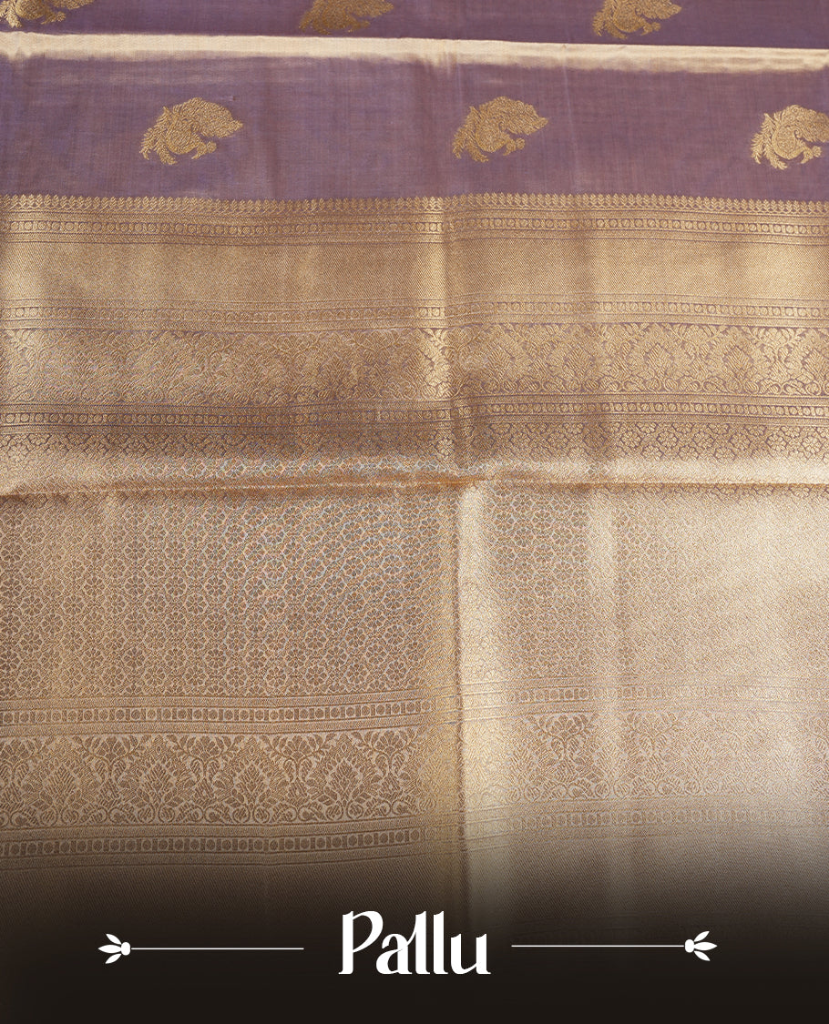 Lavender & Gold double shade colour tissue banaras silk saree featuring antique gold zari motifs on the body with rich traditional zari border and pallu, paired with a matching blouse piece.