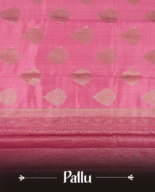 Pink Colour Banaras Soft Silk Saree with Gold Zari Diamond Buttas, Intricate Multi-Layered Floral Border, Grand Pallu with Paisley Motifs in Varying Pink and Maroon Tones, and Matching Blouse.