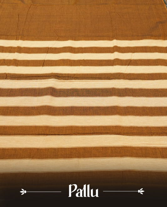 Dark mustard colour Narayanapattu cotton saree featuring a self coloured body, yellow coloured with silver zari pattern border and cream colour pallu, pairing a matching blouse piece.