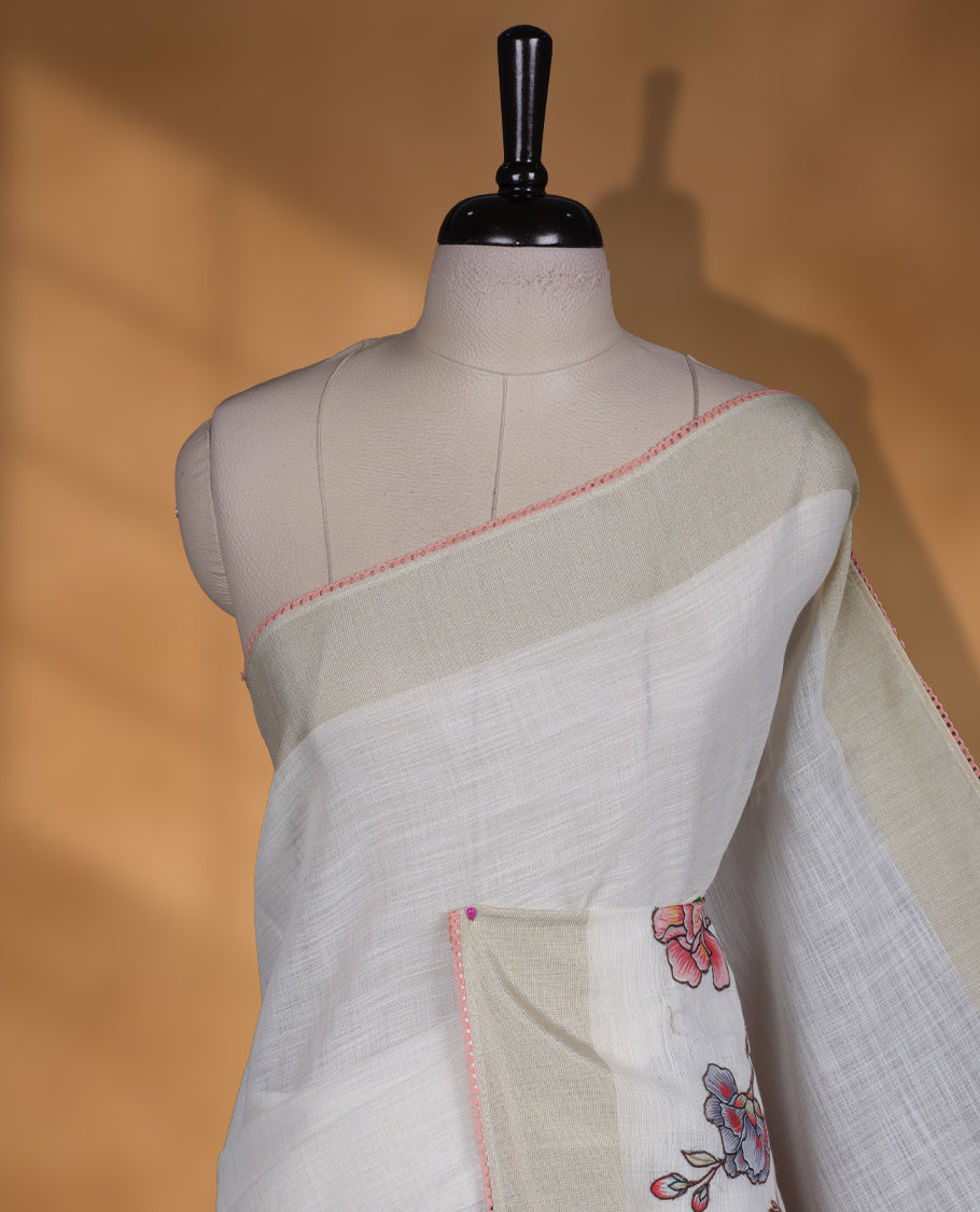 Cream colour cotton linen silk saree featuring Floral  & brids printed pattern on body, golden simple border with Peach colour pallu and comes with a matching blouse