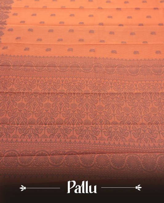 Peach orange silk cotton saree adorned with delicate woven motifs all over the body, paired with an elegant dark grey plain border and richly patterned pallu & Comes with a matching blouse piece for a complete ethnic look.