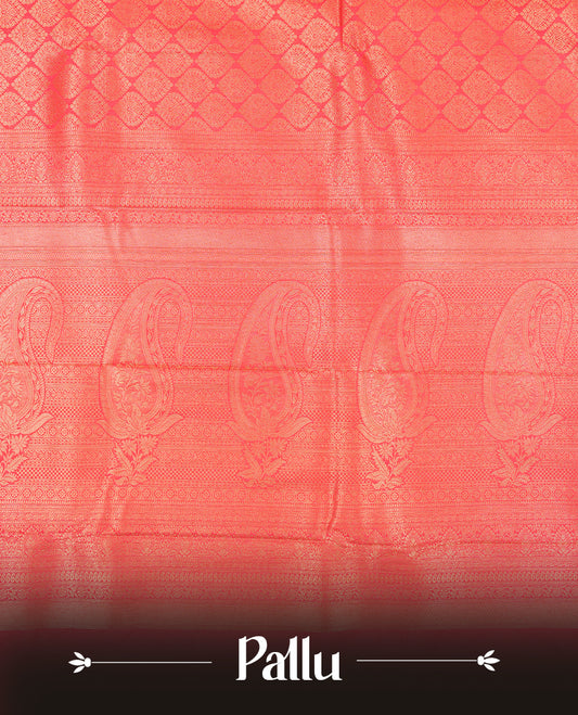 Watermelon colour semi silk brocade saree featuring intricate Gold butta patterns across the body, complemented by a rich self colour woven border and pallu, paired with a matching blouse.