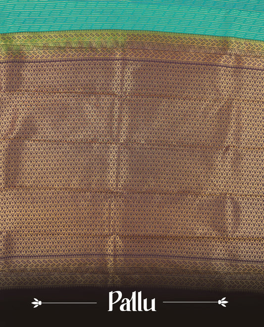 Double shade blue colour Semi Silk Saree with a gold dotted striped body and a self coloured traditional border, paired with a contrasting purple pallu and a matching blouse piece