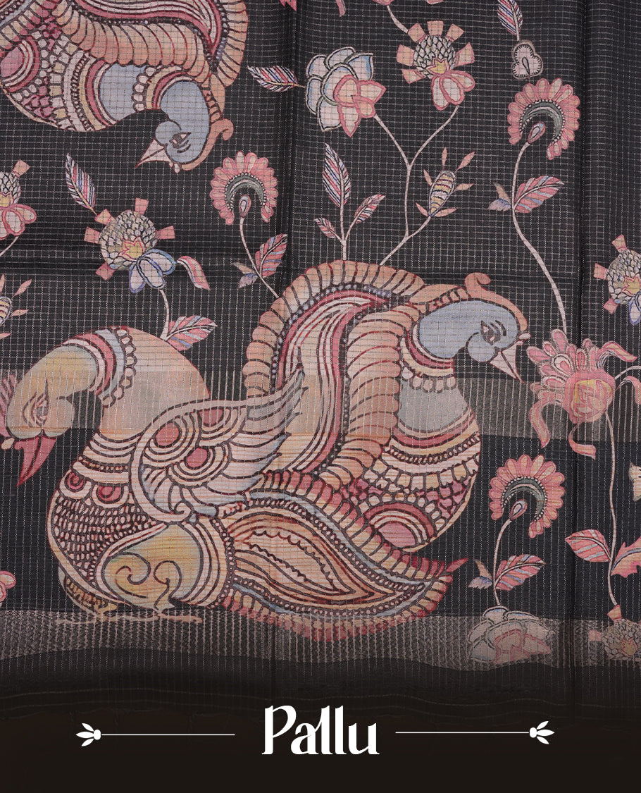 Black colour semi tussar silk saree featuring floral and animal print, zari check pattern across body, self colour border and pallu, paired with matching blouse piece.