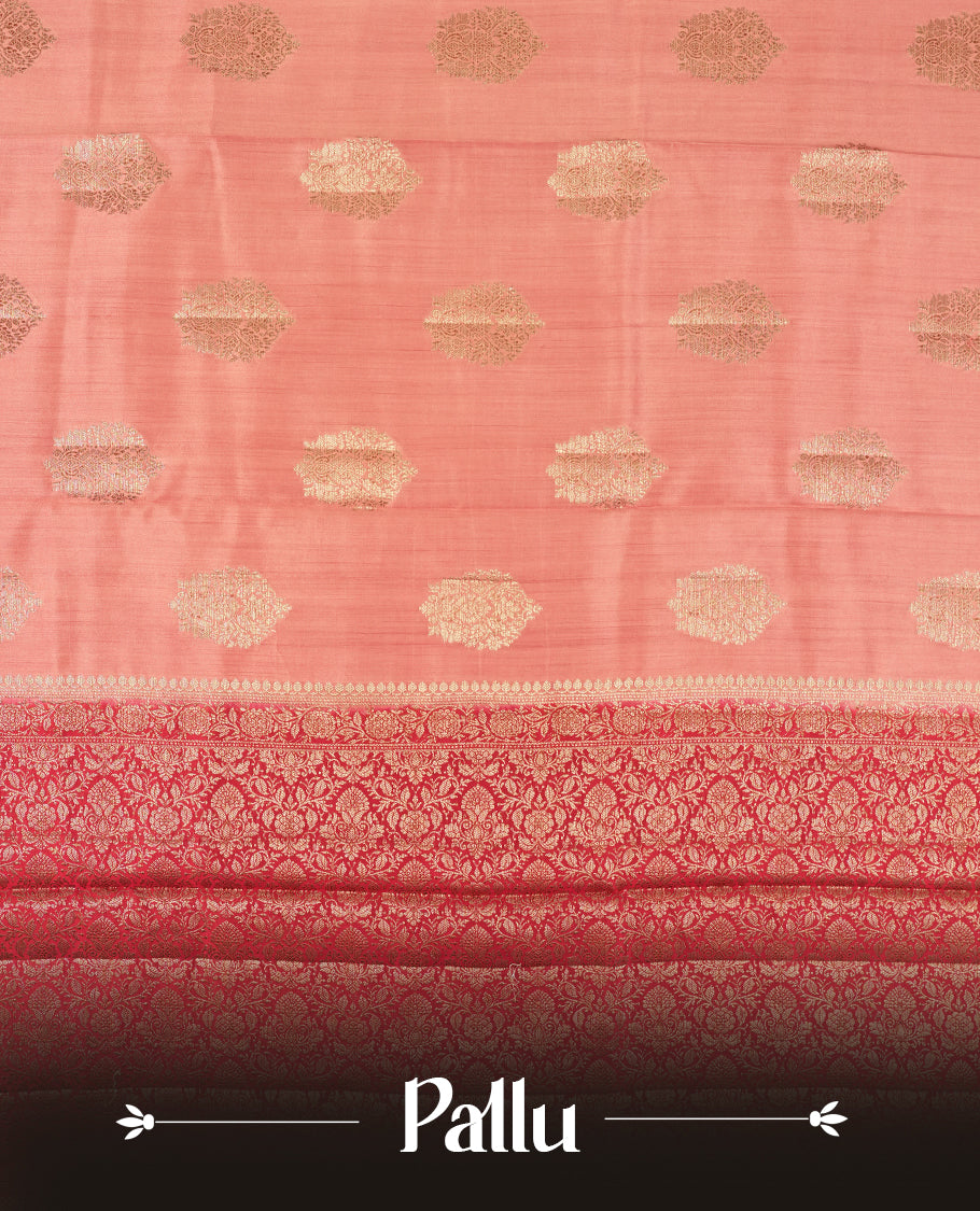 Coral Pink Colour Banaras Soft Silk Saree with Gold Zari Textured Oval Buttas, Simple Decorative Pallu Border, Grand Pallu with Ornate Circular and Foliate Motifs in Red and Gold Tones, and Matching Bright Red Blouse.