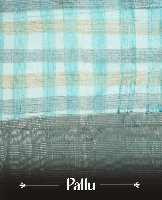 Sky blue and teal colour mixed chanderi cotton saree featuring multicoloured checkered body with vertical and horizontal stripes, silver zari border, and matching blouse