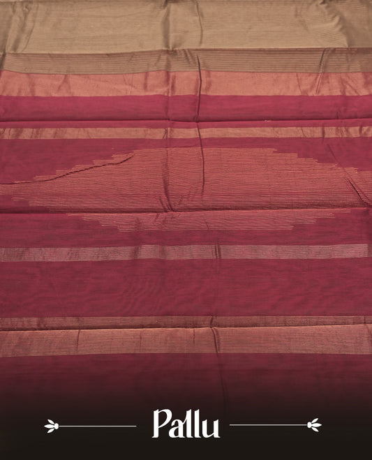 Olive Bronze colour Silk Cotton Saree featuring fine metallic pinstripes on the body, a Deep Wine striped pallu with copper highlights, and a coordinated Wine blouse piece.