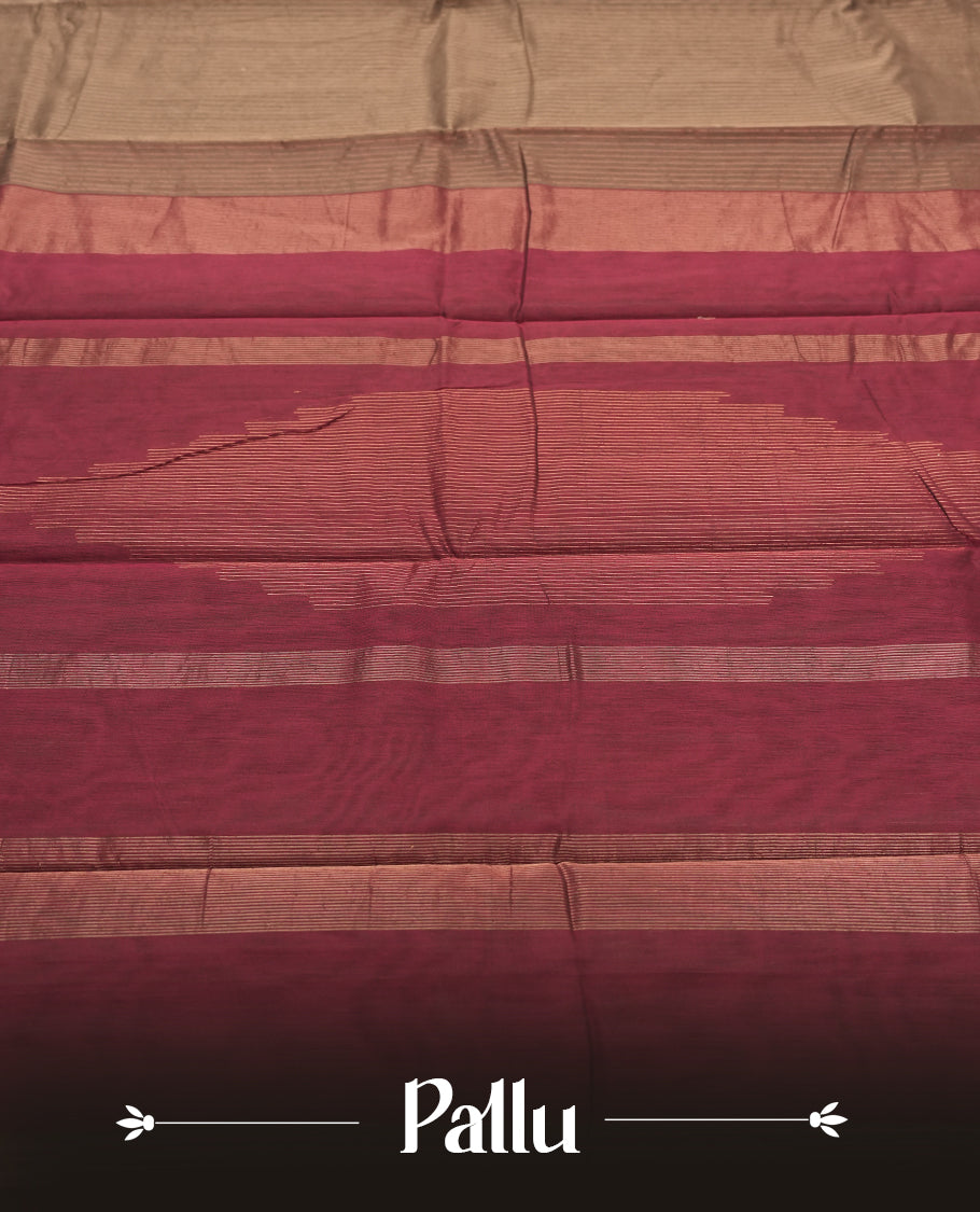 Olive Bronze colour Silk Cotton Saree featuring fine metallic pinstripes on the body, a Deep Wine striped pallu with copper highlights, and a coordinated Wine blouse piece.