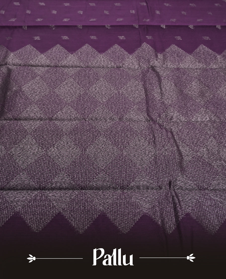 Deep Purple Silk Cotton Saree with Silver Butta Body, Accented by Silver Zari Ornamental Border on Grand Pallu, Paired with Matching Blouse Piece