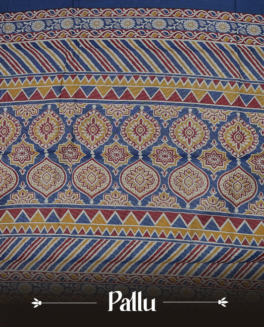 Royal blue colour chanderi cotton saree with plain body, geometric tribal printed pallu with golden zari border, and matching striped blouse.