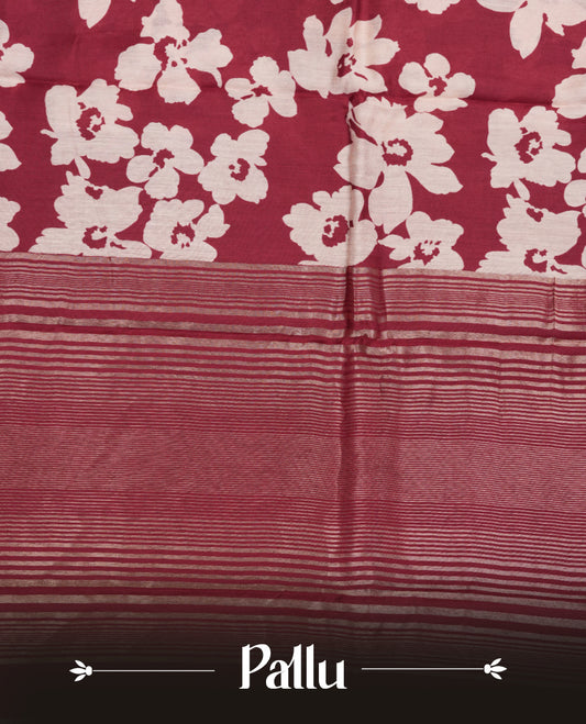 Brick Red colour Viscos semi printed saree featuring a light golden zari border, abstract off white printed motifs on the body, and comes with a matching blouse