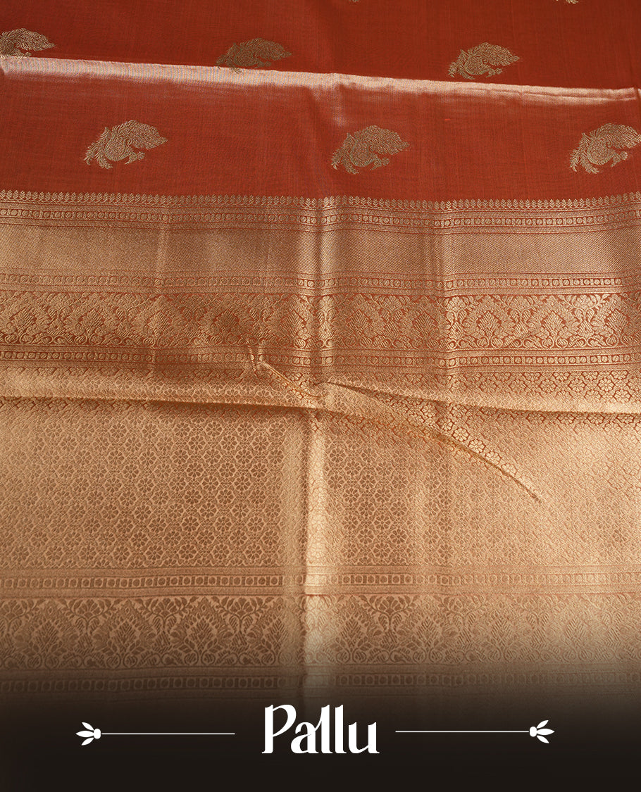Orange & Gold double shade colour tissue banaras silk saree featuring antique gold zari motifs on the body with rich traditional zari border and pallu, paired with a matching blouse piece.