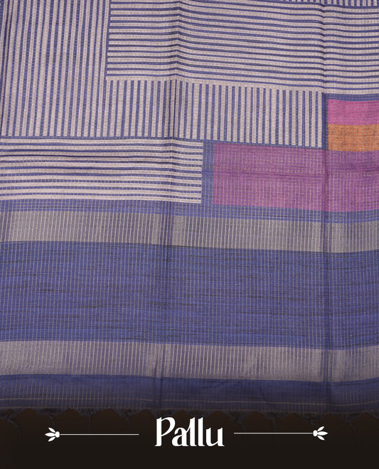 Blue colour semi tussar silk saree with fine striped texture and a subtle geometric body design. Finished with a classic striped pallu and tassel edges.