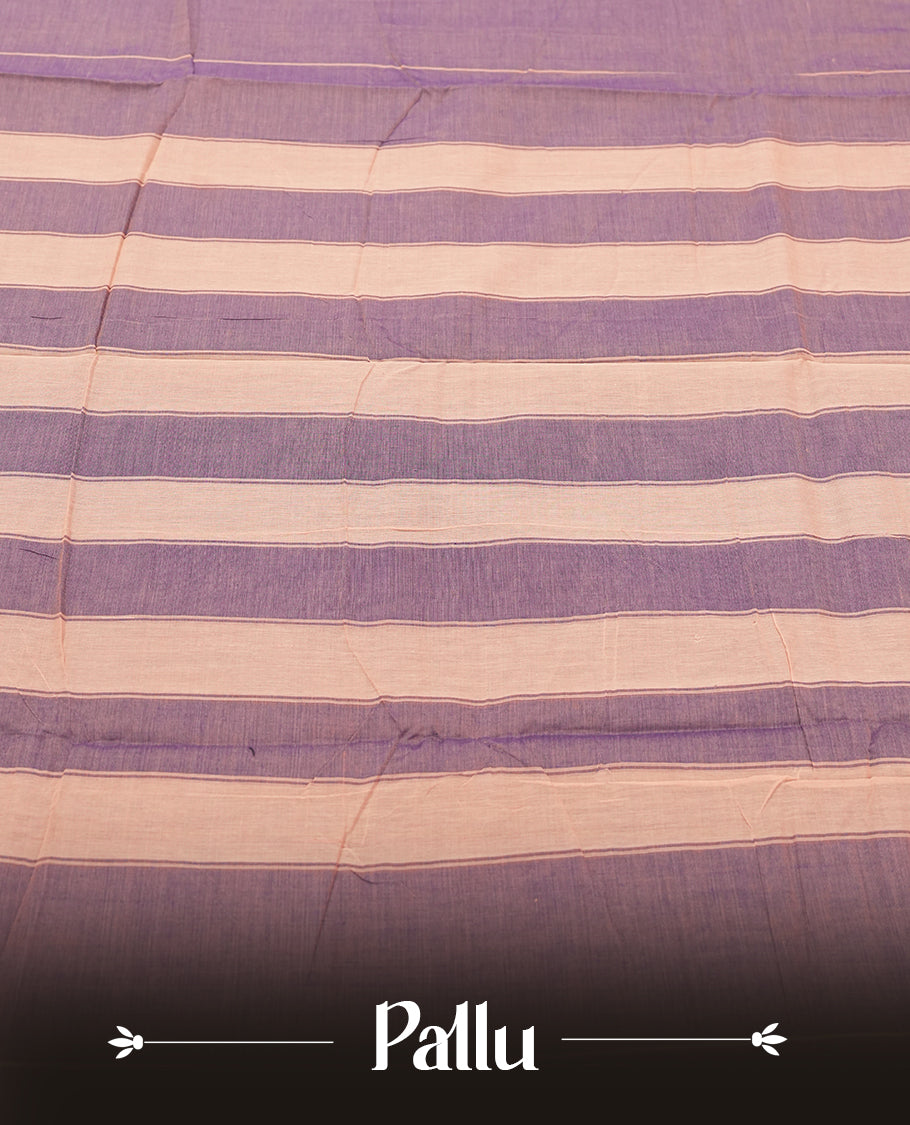 dark purple colour Narayanapattu cotton saree featuring a self coloured body, dark purple coloured with silver zari pattern border and ivory striped colour pallu, pairing a matching blouse piece.