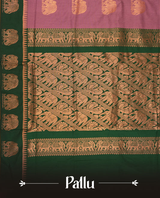 Plum colour Kalyani Cotton saree in forest green pallu,antique gold elephant motifs and temple borders & Comes with a matching blouse piece.
