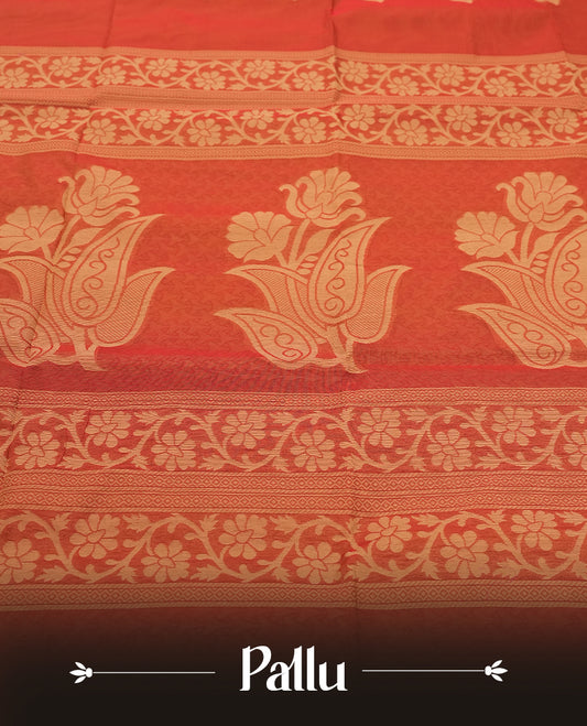 Orange Colour Silk Cotton Saree with Cream Leaf Butta Body, Contrasting Cream Zari Pallu & Border, Floral Motifs, and Matching Woven Blouse Piece