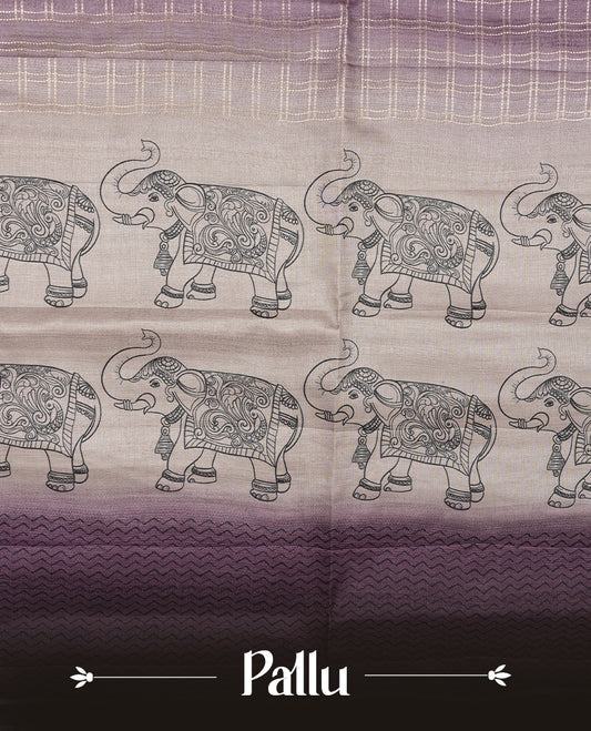 Light Purple colour semi tusser silk saree featuring Gold zari check pattern across body, faded contrast cream colour border with elephant print and paired with matching blouse.