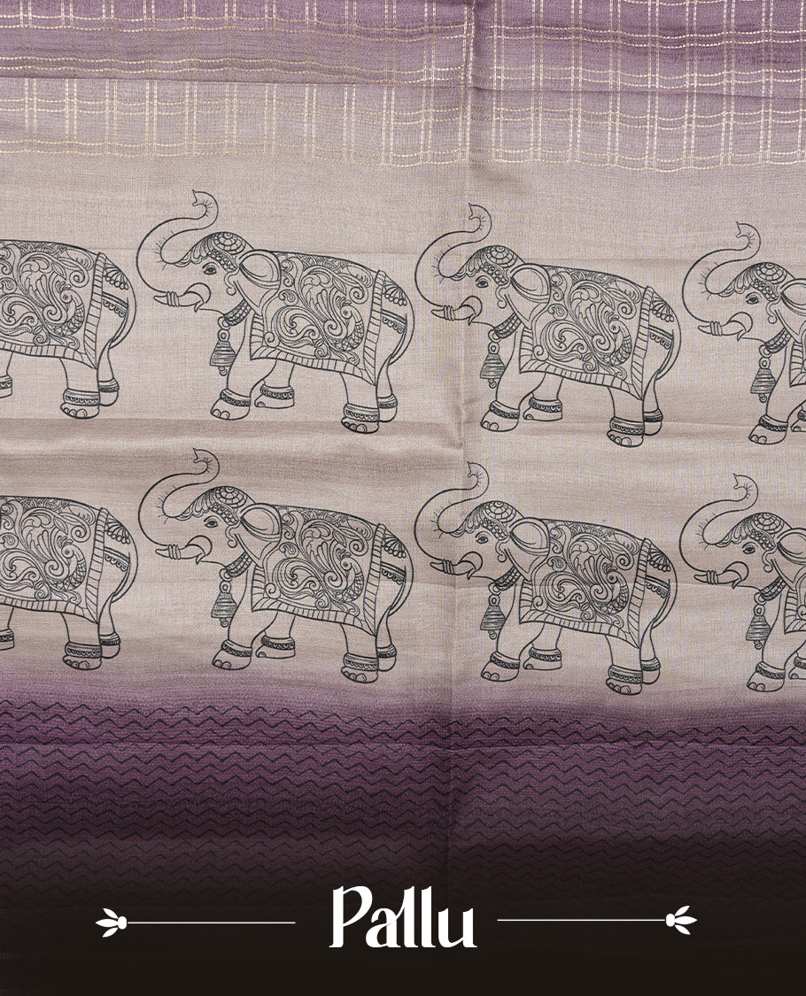 Light Purple colour semi tusser silk saree featuring Gold zari check pattern across body, faded contrast cream colour border with elephant print and paired with matching blouse.