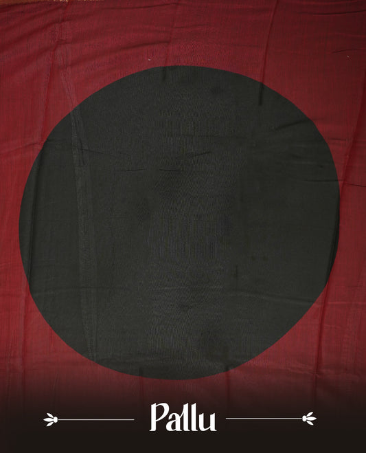 Maroon red colour mixed chanderi cotton saree with plain body, geometric tribal printed pallu with golden zari border, and striped blouse.