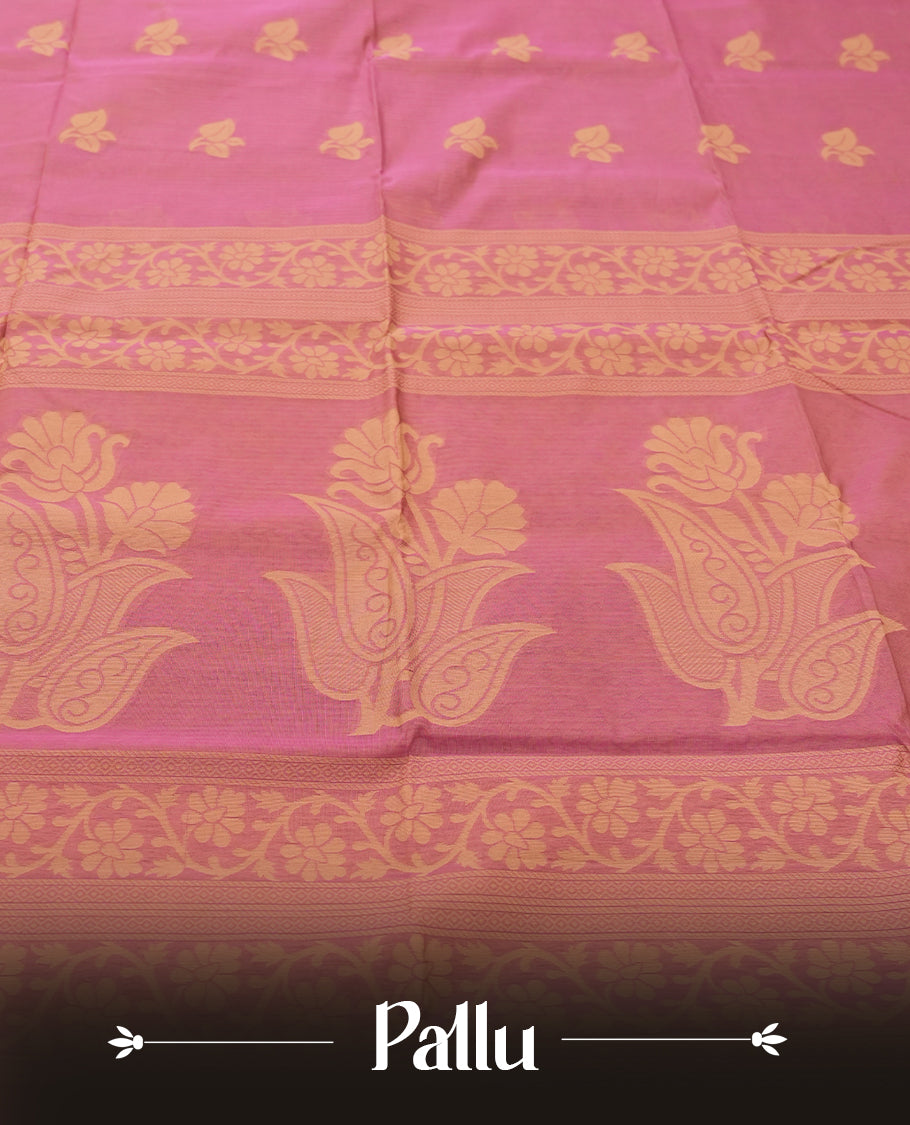 Blush Red Colour Silk Cotton Saree with Cream Leaf Butta Body, Contrasting Cream Zari Pallu & Border, Floral Motifs, and Matching Woven Blouse Piece