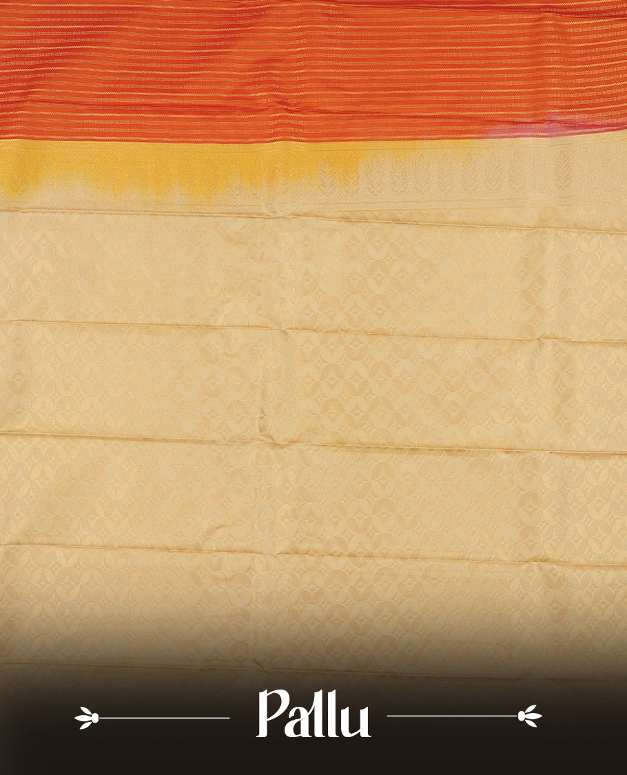 Burnt orange colour Semi Silk Saree with gold zari striped patterns on the body, paired with a contrasting cream colour traditional pallu and border, and a matching blouse piece.
