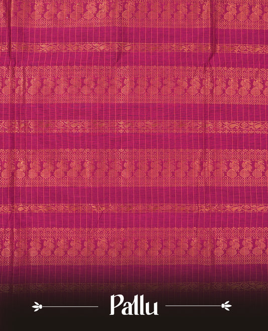 Black coloured mixed Kalyani cotton saree featuring copper zari checks on the body, complemented by a dark magenta coloured border and pallu adorned with copper zari patterns, Paired with a matching blouse.