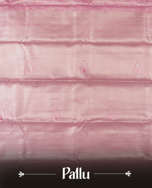 Taffy pink colour and silver Zari Tissue Brocade Saree features intricate floral Motifs on body and self coloured with gold traditional border & pallu, paired with matching blouse