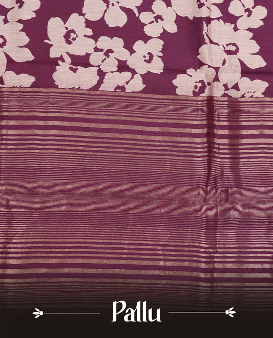 Grape Purple colour Viscos semi printed saree featuring a light golden zari border, abstract off white printed motifs on the body, and comes with a matching blouse