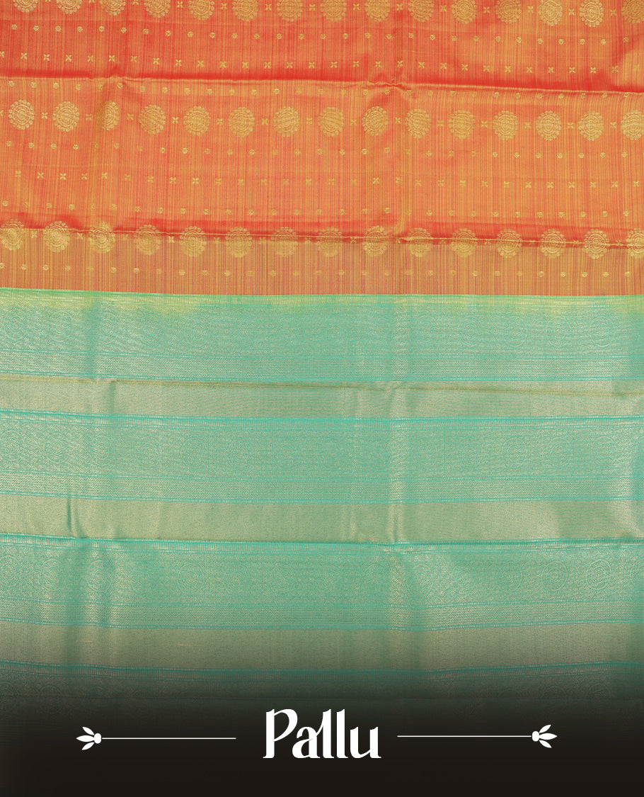 Gold and Orange colour semi soft silk saree featuring a golden patterned body, complemented by contrast green colour with gold traditional pallu & border and a matching blouse piece.