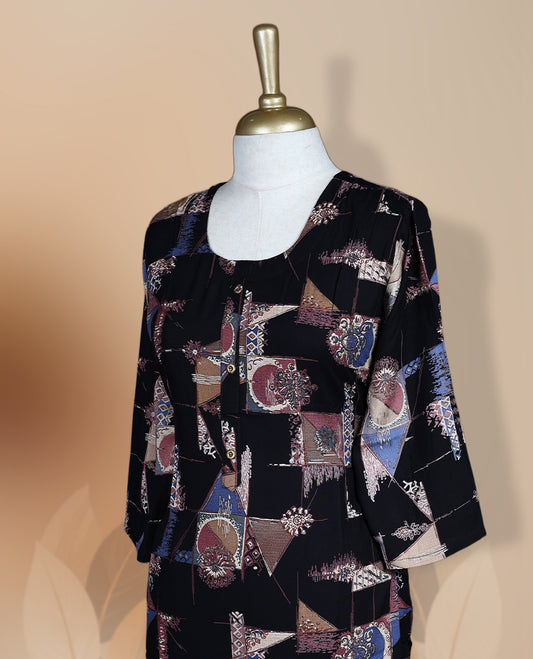 Black colour kurti featuring a round neckline, 3/4th flared sleeves, and an all over geometric floral print in blue, maroon and beige hues, designed with a straight cut silhouette for a chic casual look.