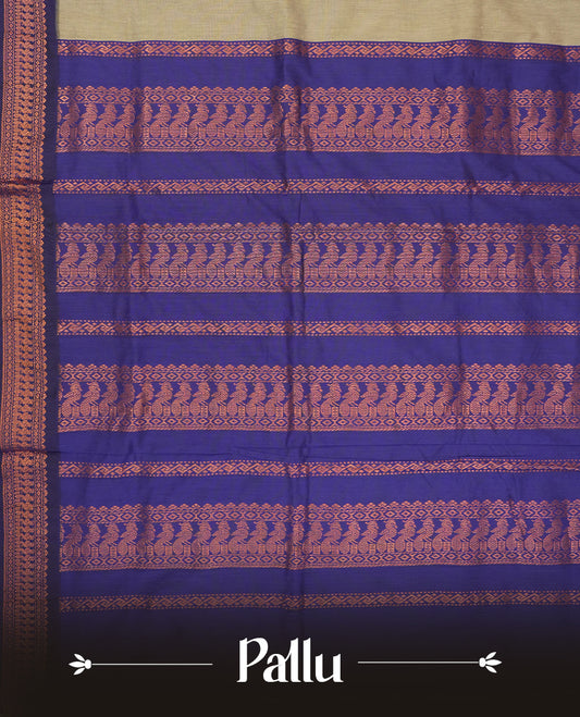 Grey colour Kalyani Cotton saree with royal blue border and pallu, adorned with copper zari motifs and intricate weaving & Comes with a matching blouse piece.