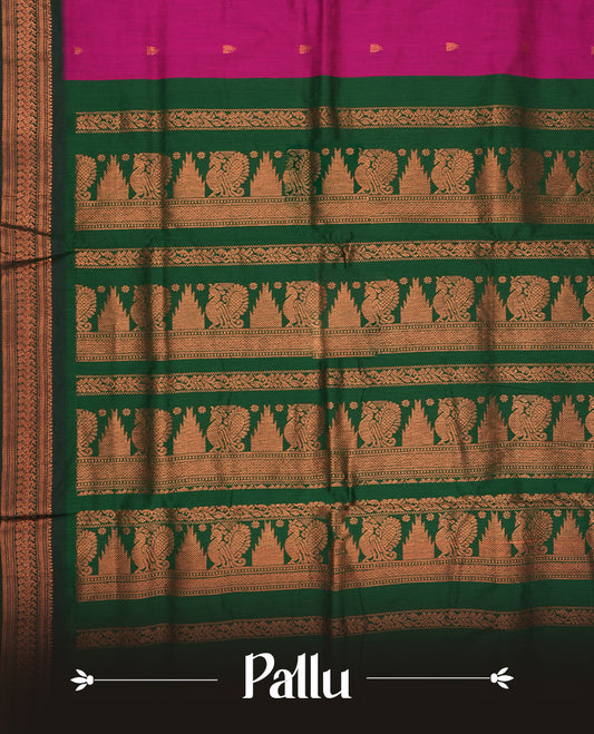 Magenta colour Kalyani cotton saree with intricate small motifs all over, paired with a contrasting green rich peacock & temple zari woven border and pallu & Comes with a matching blouse piece.