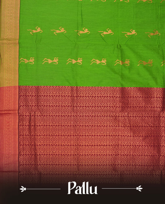 Green and maroon Kalyani cotton saree featuring elegant dancer motifs on the body with golden zari, complemented by a rich contrast zari border and paired with a matching blouse.