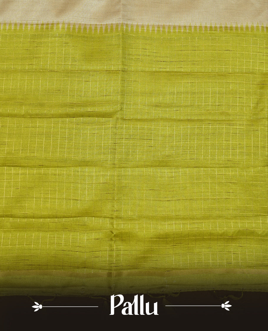 Beige colour semi tussar saree highlighting elegant plain body, contrast green colour border with gold zari box pattern, pallu and comes with matching blouse piece.