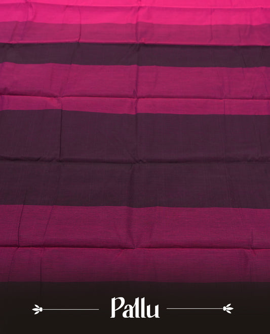 Magenta Pink Colour Silk Cotton Saree with Self Textured Striped Body, Contrasting Purple Striped Pallu & Border, Multi-Line Patterns, and Matching Purple Woven Blouse Piece
