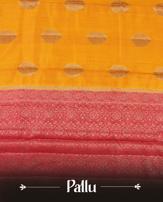Golden Yellow Colour Banaras Soft Silk Saree with Gold Zari Oval Textured Buttas, Simple Decorative Pallu Border, Grand Pallu with Ornate Circular and Foliate Motifs in Red and Gold Tones, and Matching Red Blouse.
