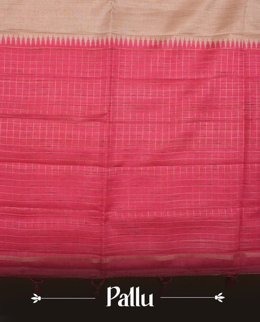 Beige colour chettinad saree highlighting elegant plain body, contrast pink colour border with gold zari box pattern, pallu and comes with matching blouse piece.