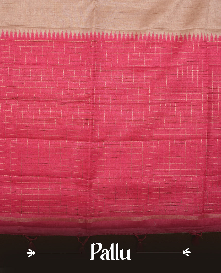 Beige colour semi tussar silk saree highlighting elegant plain body, contrast pink colour border with gold zari box pattern, pallu and comes with matching blouse piece.
