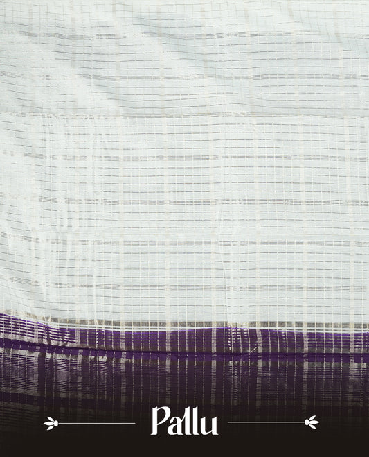 White colour mixed chanderi cotton saree with checkered body, deep purple pallu with rose gold zari border, and matching purple blouse.