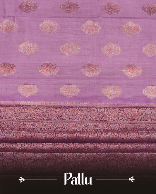 Light Purple Banaras soft silk saree with gold zari motifs on body, with contrast Deep purple colour floral pattern on pallu, border, and Matching blouse.