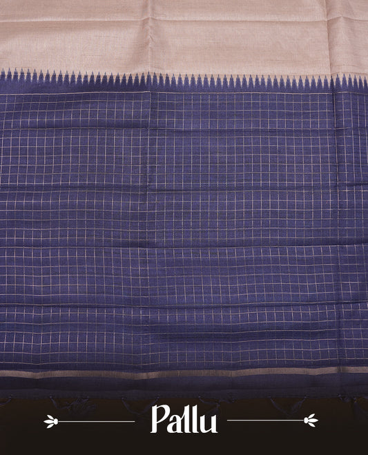 Beige colour chettinad saree highlighting elegant plain body, contrast blue colour border with gold zari box pattern, pallu and comes with matching blouse piece.