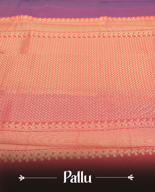 Purple colour tissue cotton saree featuring elegant silver & copper zari motifs, a delicate zari border, and a beautifully woven pallu & Paired with a matching blouse, perfect for festive and traditional occasions.