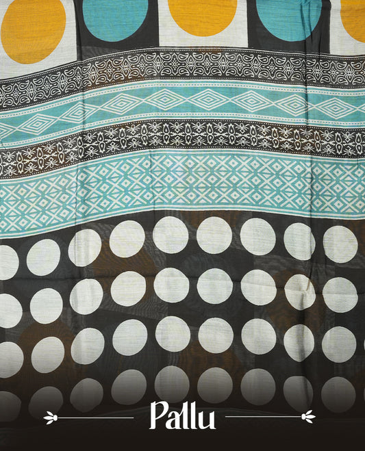 Multicolor mixed chanderi cotton saree with mustard-yellow and turquoise circles on checkerboard squares, golden zari border with floral motifs, geometric pallu, and matching blouse