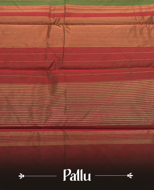 Bottle Green Colour silk cotton saree with fine gold pinstripes on the body, multitone rust-red striped pallu, and a plain rust-red blouse with a slim green edge