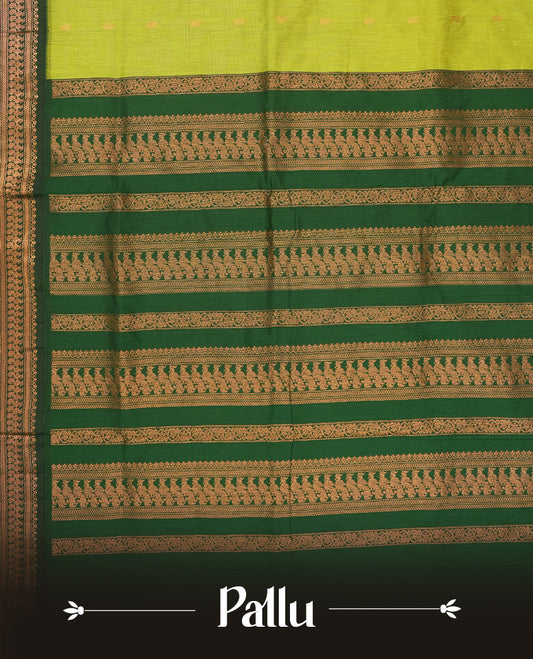 Lemon green colour Kalyani Cotton saree with rich green colour border with peacock motifs on  pallu, featuring copper zari and intricate weaving & Includes a matching blouse piece.