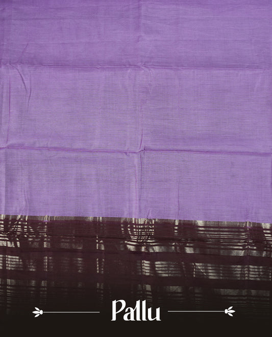 Lavender colour mixed chanderi cotton saree with plain body, chocolate brown pallu with silver zari border and geometric motifs, and matching blouse