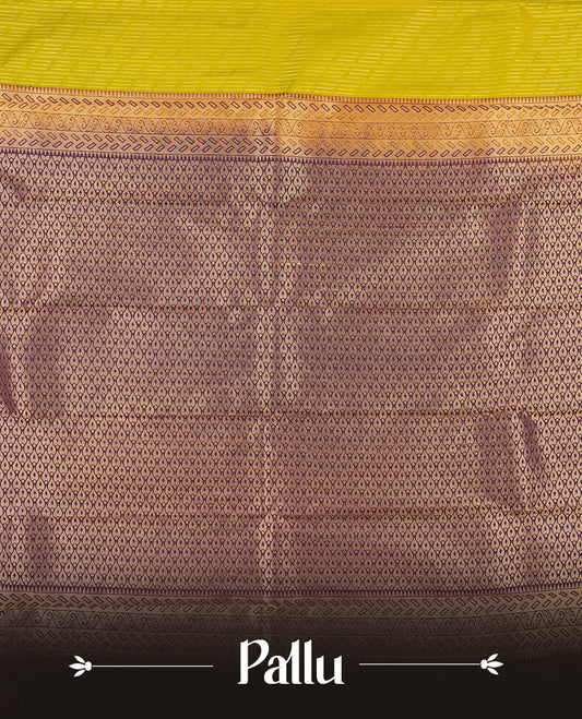 yellow green Colour Semi Silk Saree with Gold Self-Woven Striped Body, Contrasting Grape Purple Golden Zari Pallu & Border, Allover Paisley Motifs, and Matching Blouse Piece