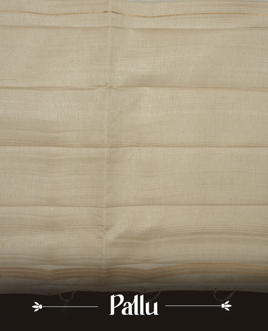 Beige colour chettinad saree highlights gold and silver zari stripes across body,  border, pallu and paired with matching blouse piece.