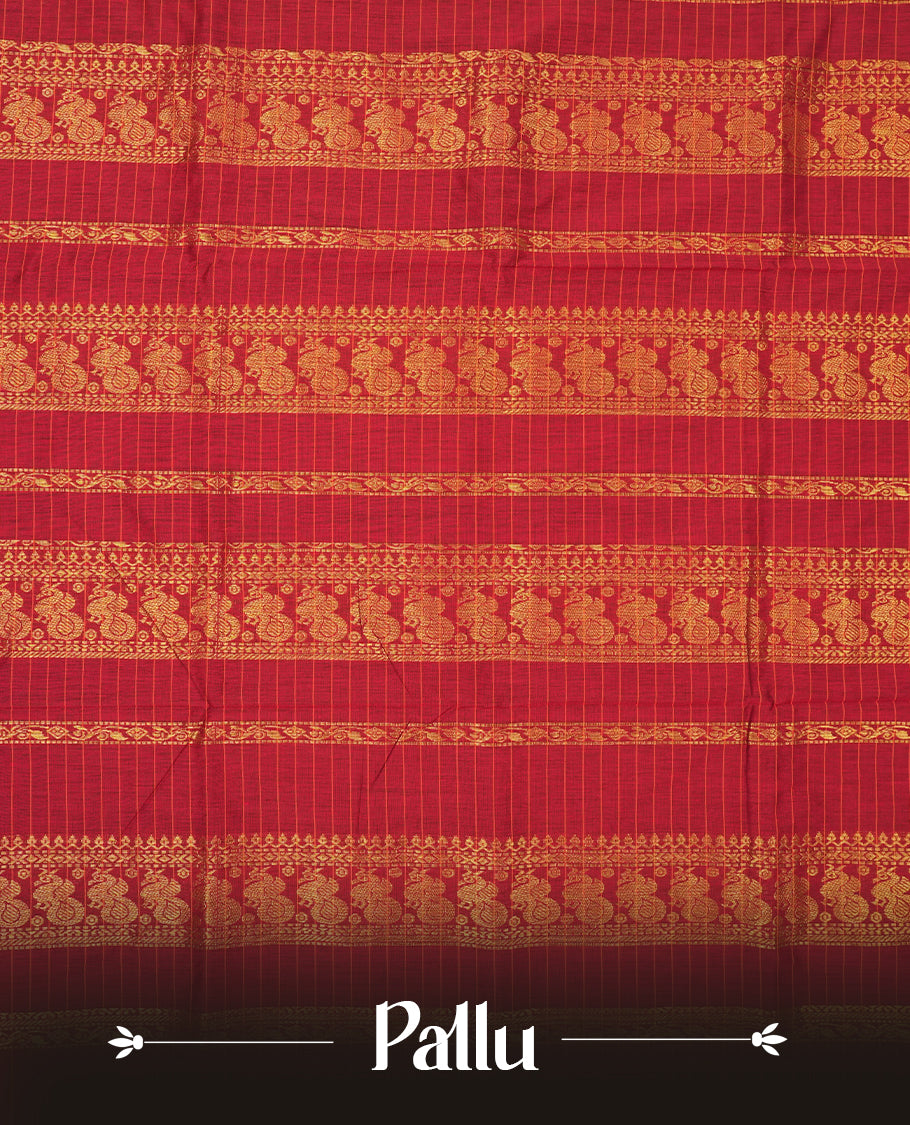 Dark Green coloured mixed Kalyani cotton saree featuring golden zari checks on the body, complemented by a dark red coloured border and pallu adorned with golden zari patterns, Paired with a matching blouse.